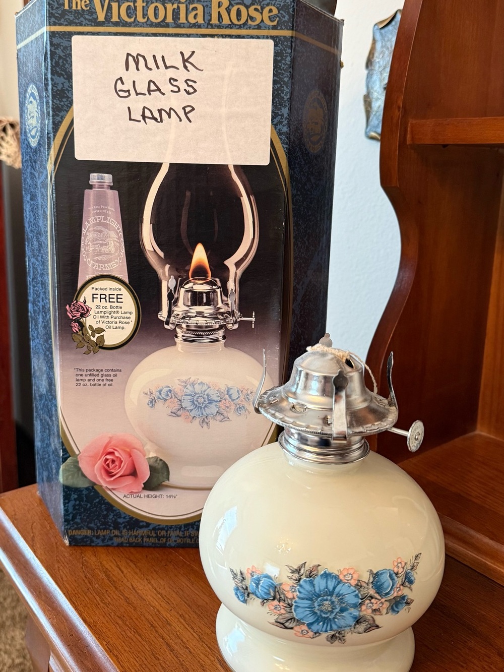 The Victoria Rose Blue Floral Milk Glass Oil Lamp